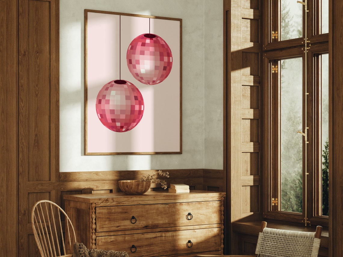 Two Pink Disco Balls Hanging Retro Party Fun Minimalist Wall Art - Image 4