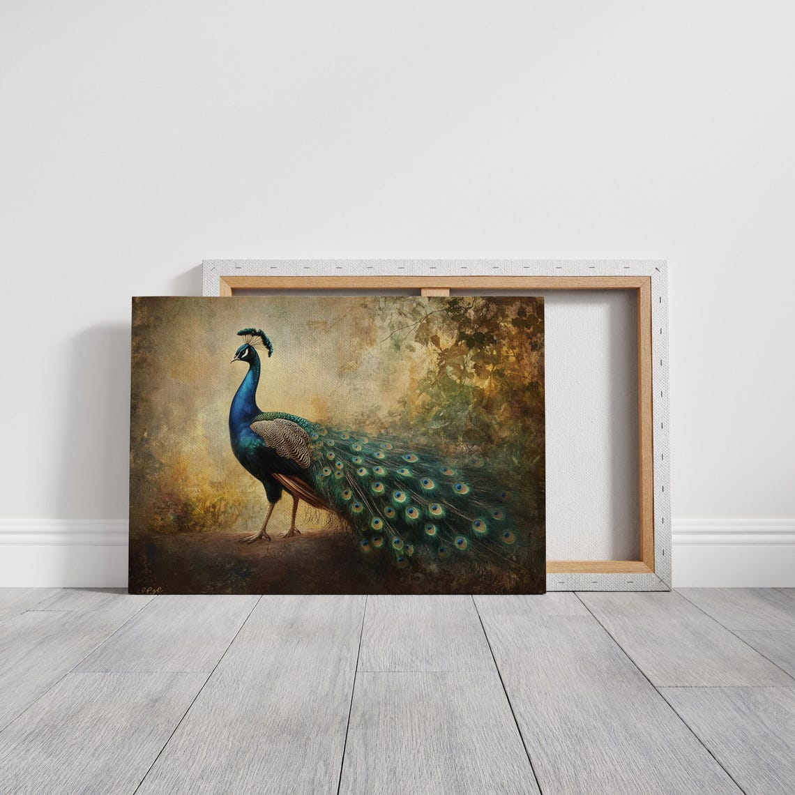 Elegant Peacock Standing Portrait Teal Blue Gold Bird Wall Art - Image 3