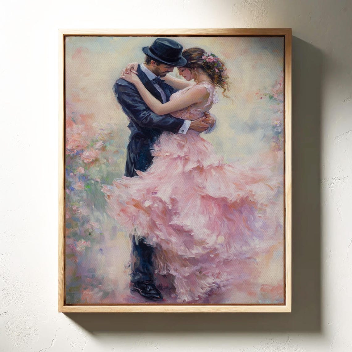 Couple Embracing Dance Flowing Pink Gown Romantic Oil Art Print - Image 4