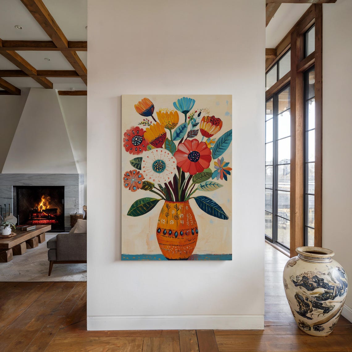 Whimsical Folk Art Flower Bouquet Orange Vase Colorful Wall Art Print - Image 3
