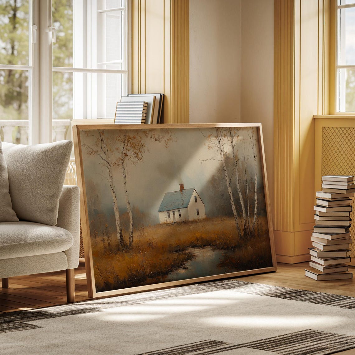 Misty Autumn Cottage Landscape, Rustic Fall Scene - Image 3