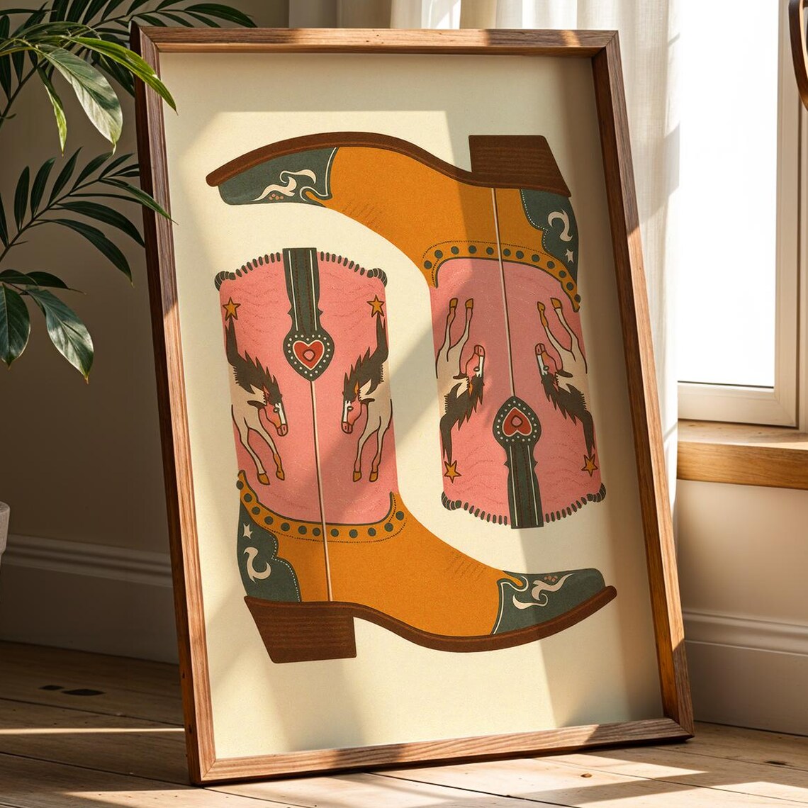 Pink Orange Cowboy Boots Horses Folk Art Western Decor Poster