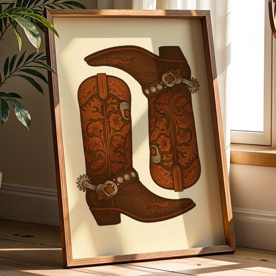 Leather Cowboy Boots Poster Western Rustic Wall Art With Spur Detail Vintage Country Decor Instant