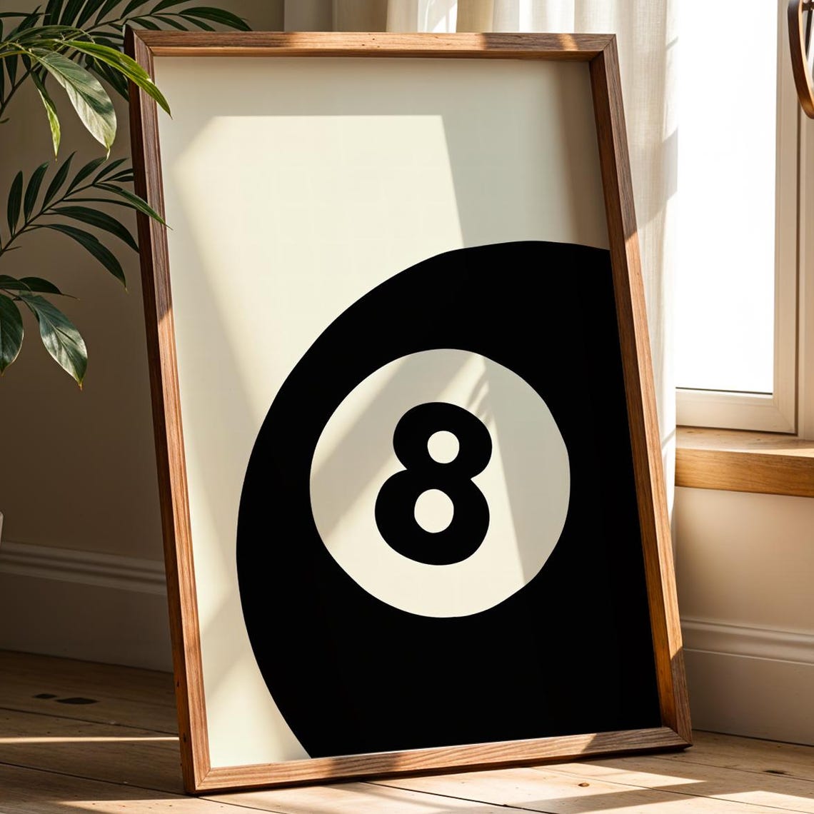 Eight Ball Minimalist Black and White Retro Pool Hall Poster