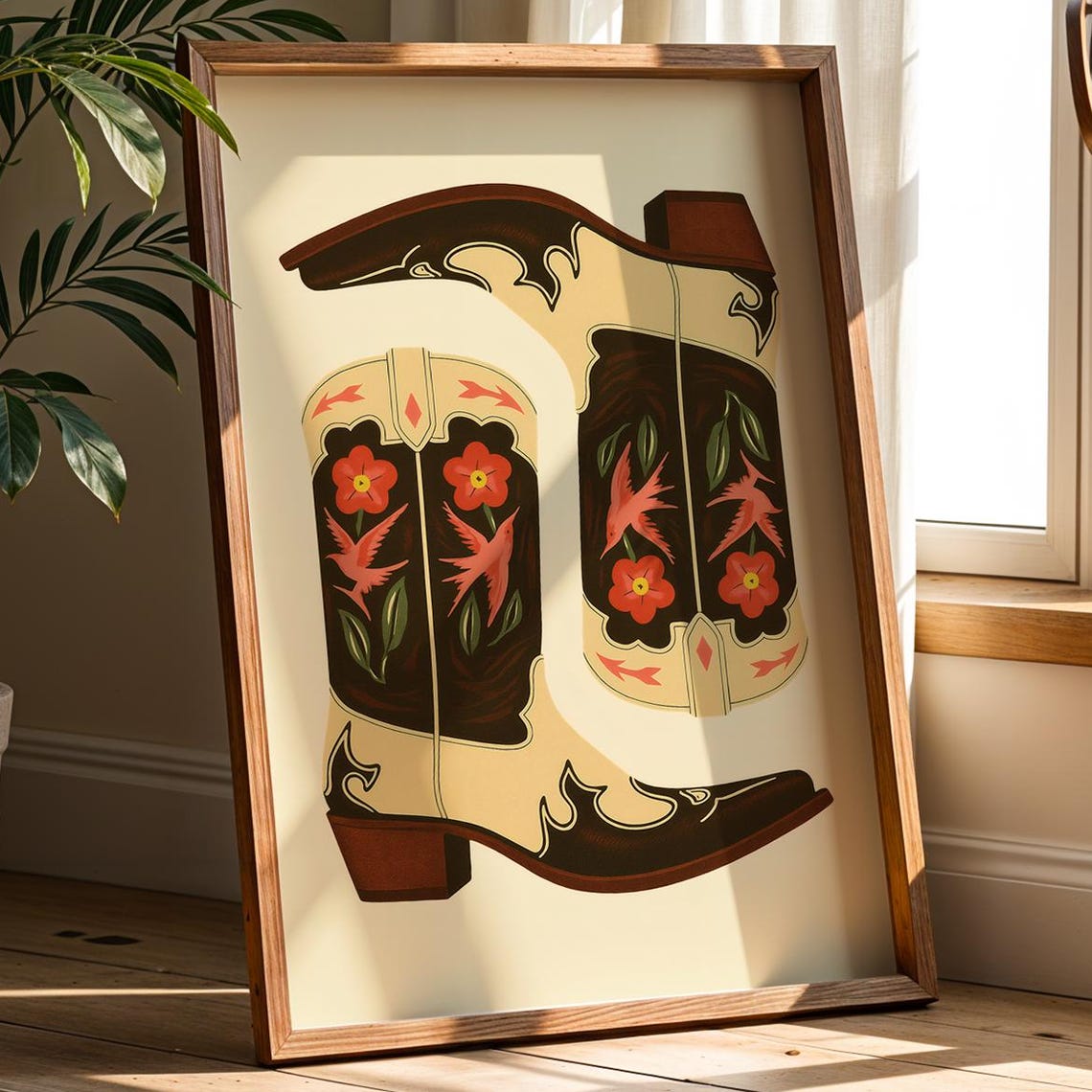 Western Cowboy Boots Vintage Folk Art Embroidered Floral Poster
