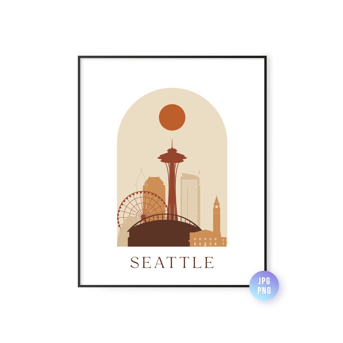 Seattle Skyline Print Archway Boho Sun Wall Art Wa Poster Instant Bohemian Natural Colors