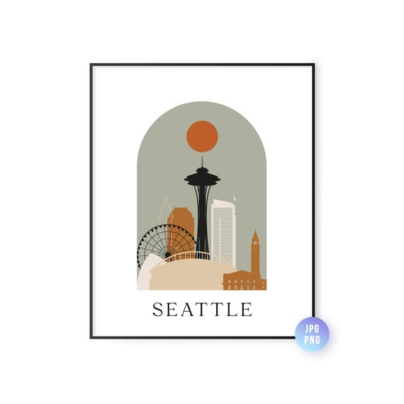 Seattle Skyline Bohemian Print Wa Boho Sun City Arc Mid Century Modern Decor Home Instant Jpg Png
