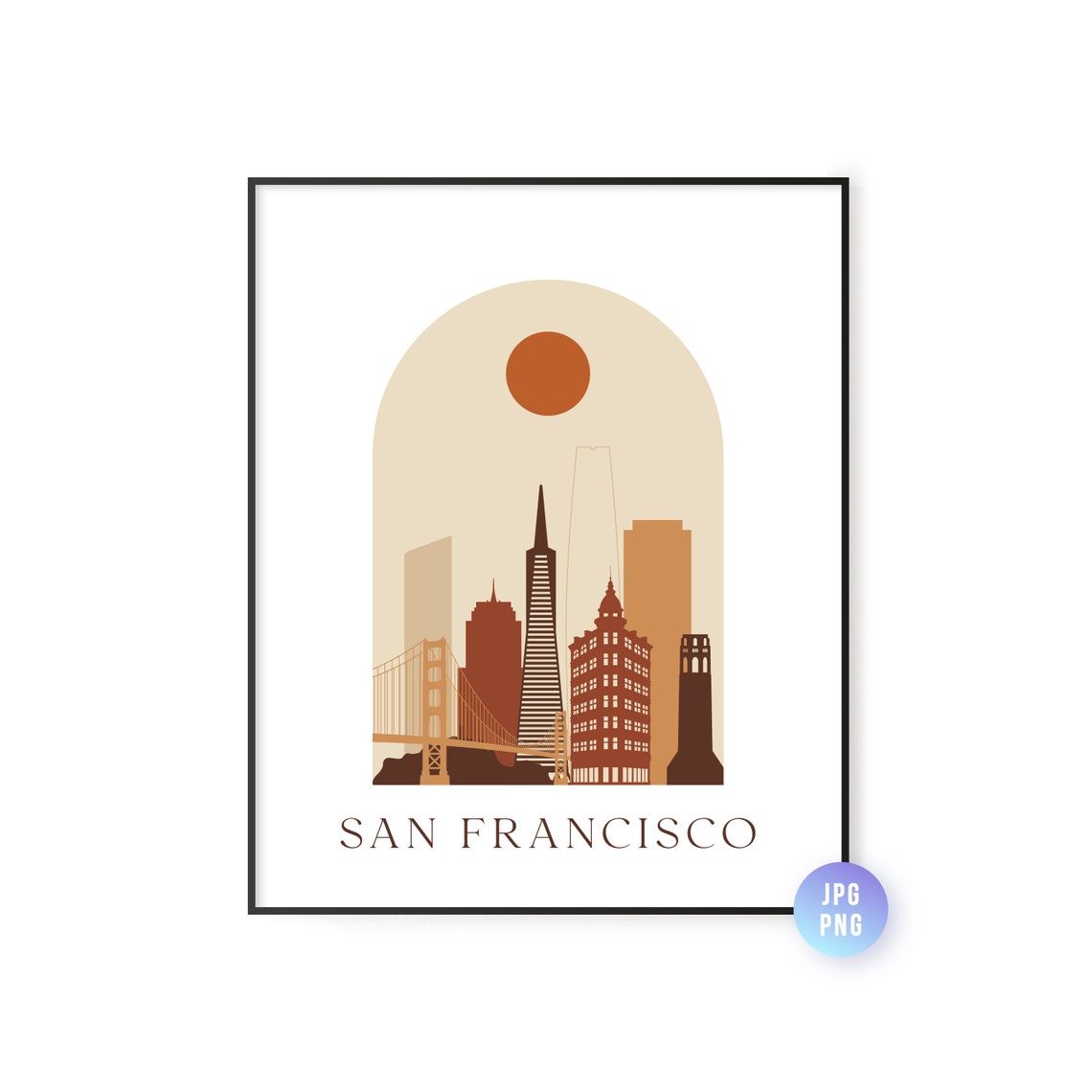 San Francisco Skyline Print Archway Boho Sun Wall Art Poster Instant Bohemian Natural Colors