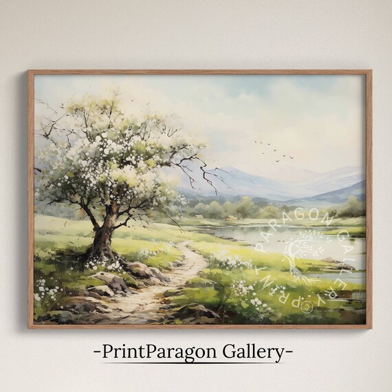 Bright White Blossom Tree Lakeside Spring Meadow Watercolor Poster