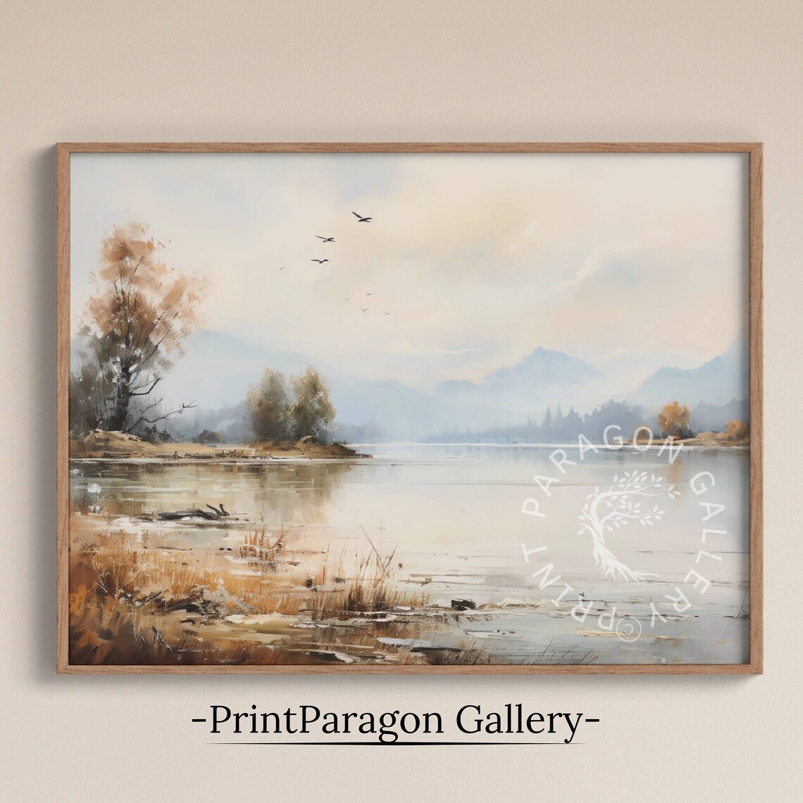 Misty Mountain Lake with Birds Soft Watercolor Nature Landscape Poster
