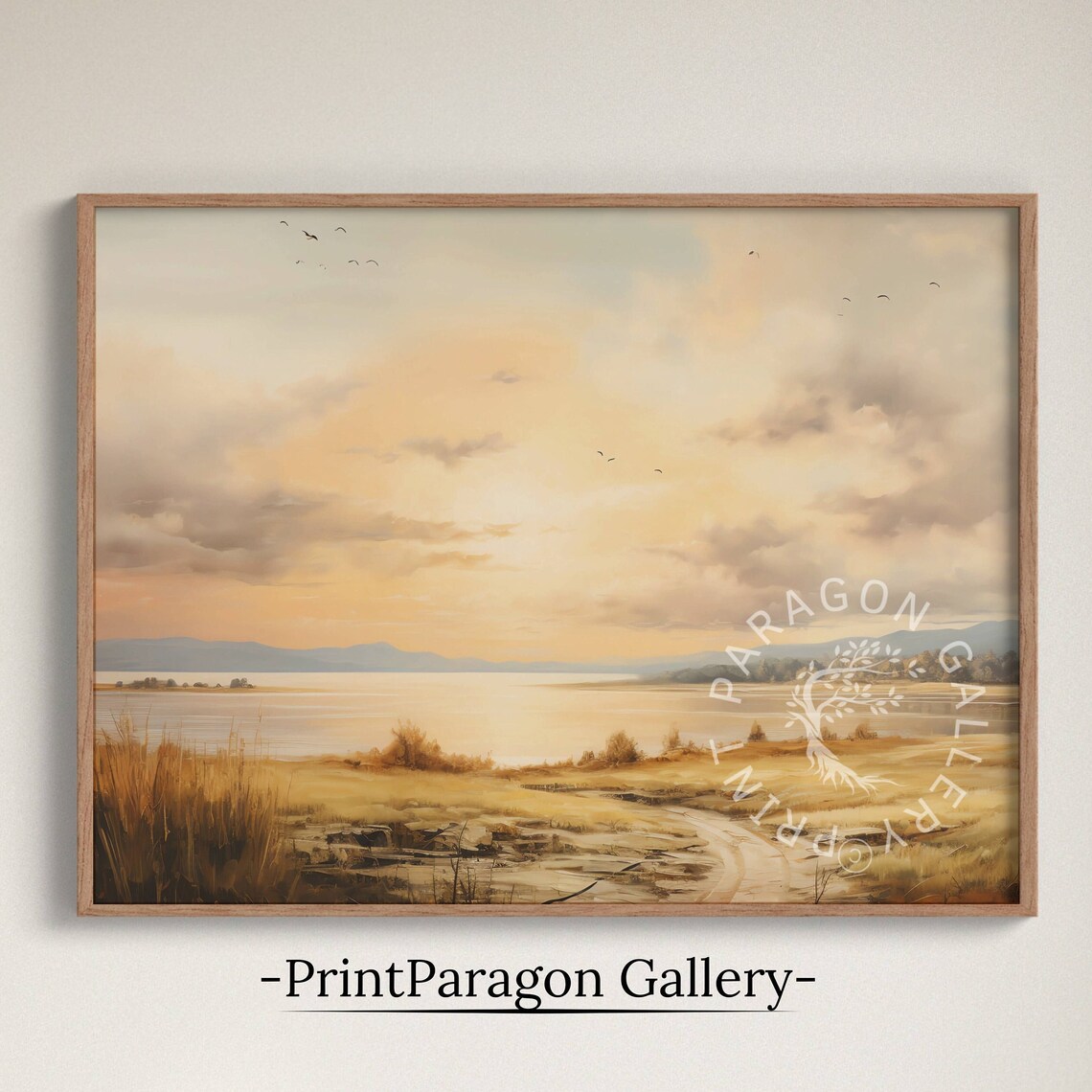 Serene Morning Lake Golden Field Soft Clouds Vintage Landscape Wall Art