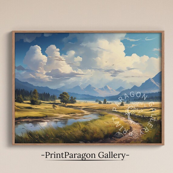 Summer River Meadow Dramatic Clouds Mountain View Landscape Poster