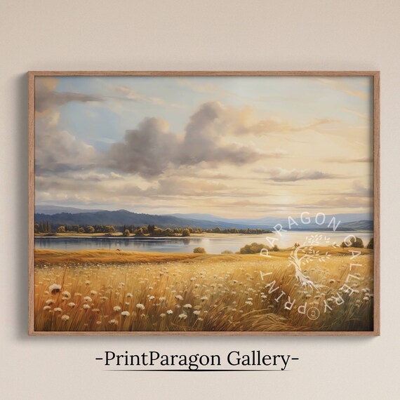 Golden Wheat Field White Wildflowers By Lake Vintage Landscape Wall Art