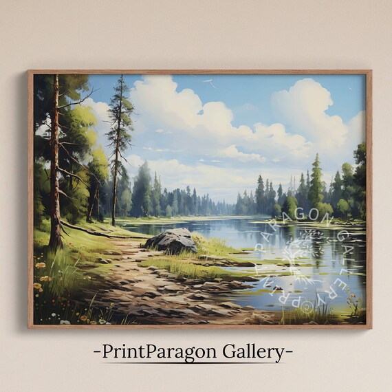 Summer Pine Forest Lake Shoreline Rocky Path Oil Painting Nature Wall Art