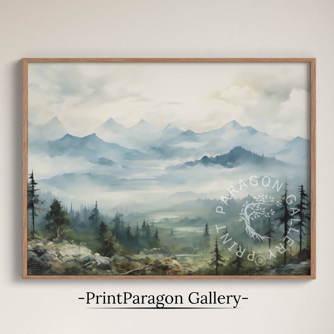 Misty Blue Mountain Layers Watercolor Foggy Valley Pine Trees Wall Art