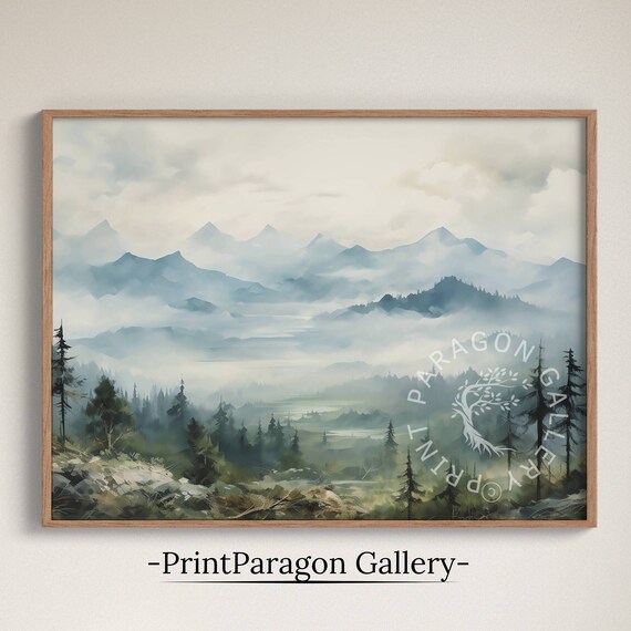 Misty Blue Mountain Layers Watercolor Foggy Valley Pine Trees Wall Art