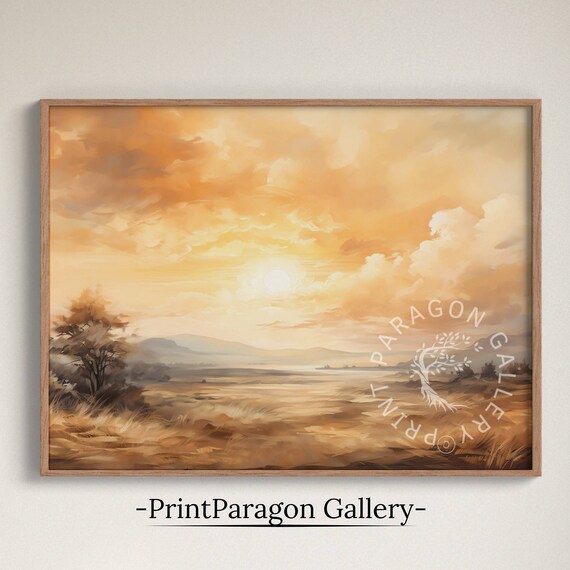 Golden Sunset Field With Solitary Tree Dramatic Clouds Oil Painting Wall Art