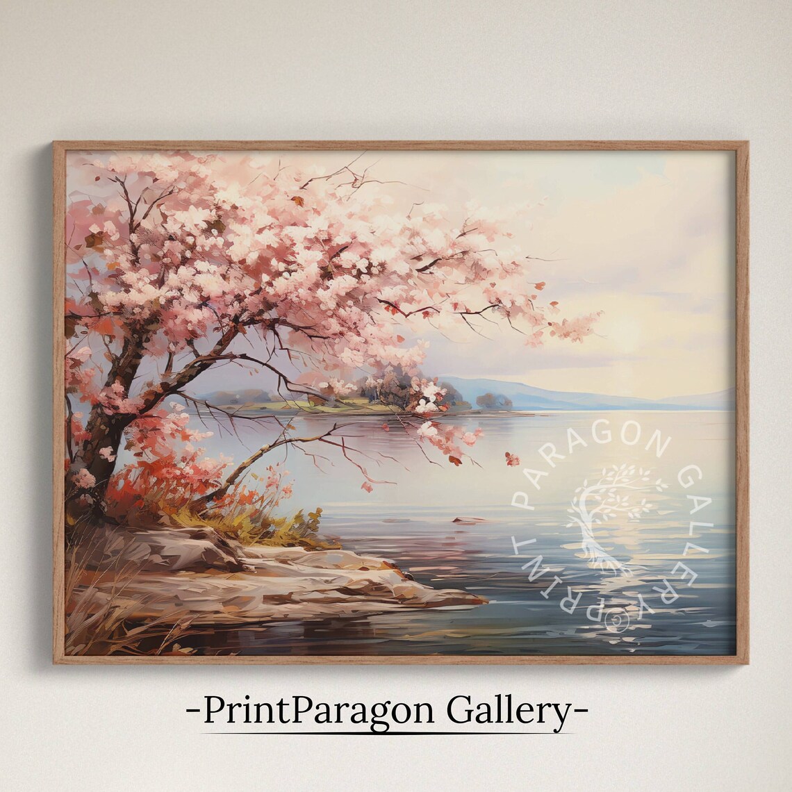 Cherry Blossom Tree by the Lake Spring Watercolor Landscape Poster