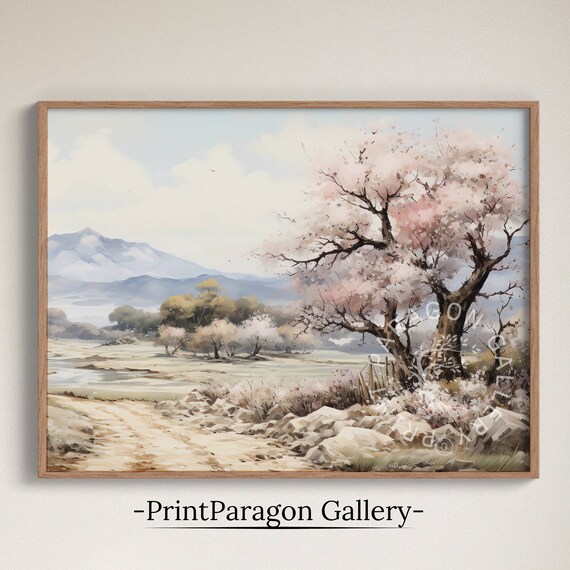 Cherry Blossom Tree by Rocky River Spring Mountain Scene Poster