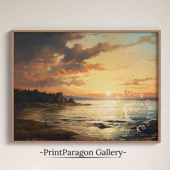 Dramatic Orange Sunset Beach Rocky Shore Ocean Painting Poster