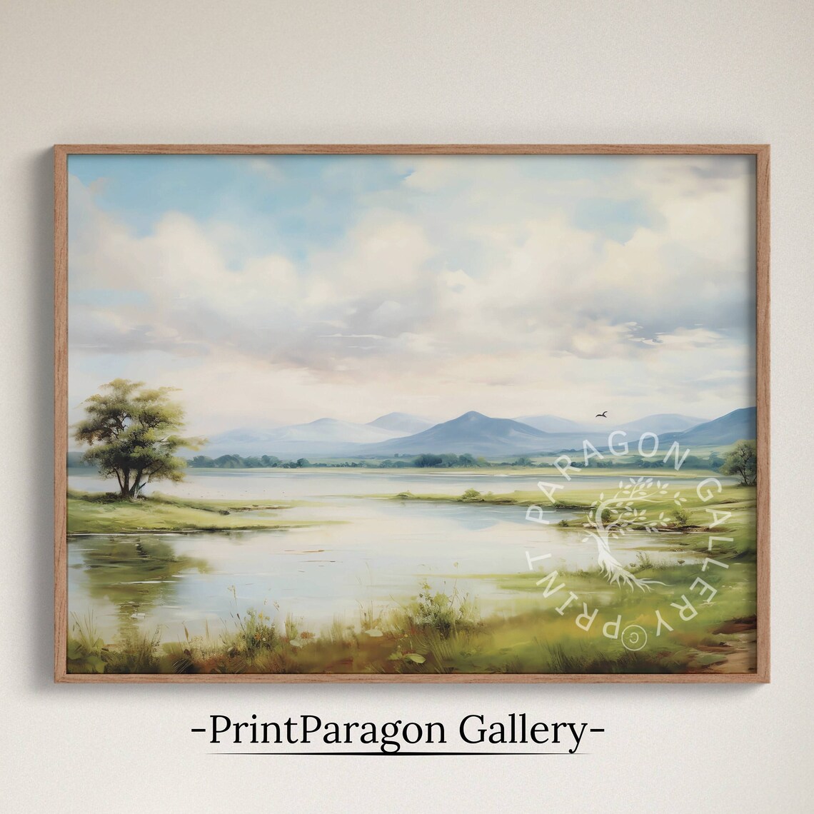 Green Hills Lake with Lone Tree Distant Mountains Calm Wall Art