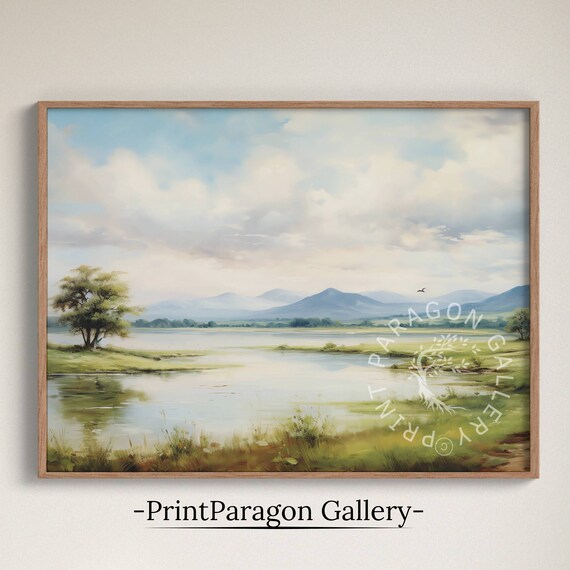 Green Hills Lake with Lone Tree Distant Mountains Calm Wall Art