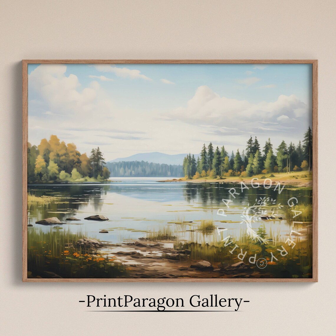 Calm Summer Lake Pine Forest Shores Distant Mountains Oil Painting Wall Art