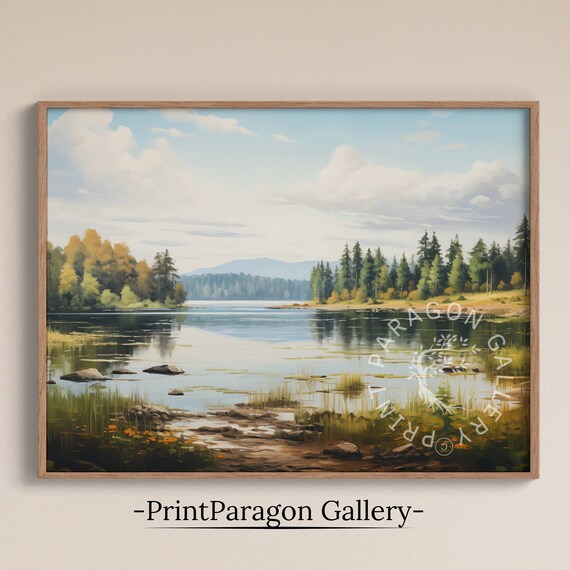 Calm Summer Lake Pine Forest Shores Distant Mountains Oil Painting Wall Art