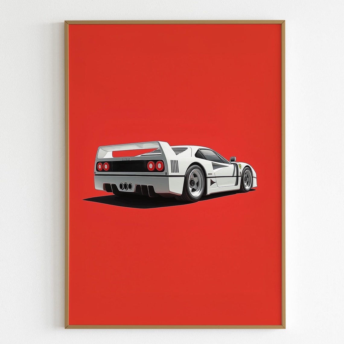 White Ferrari F40 Rear View Bold Red Background Modern Poster