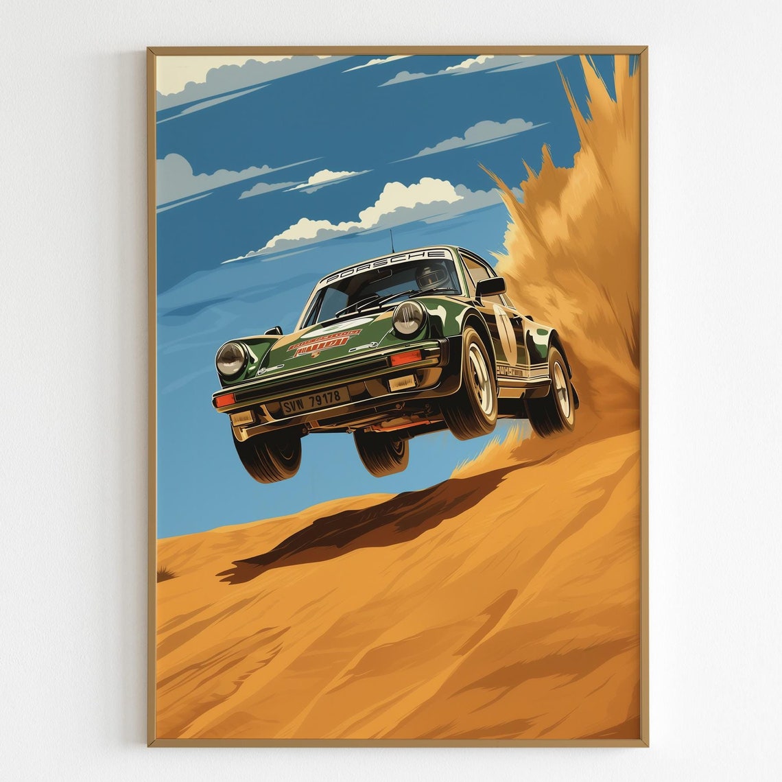 Green Porsche 911 Rally Car Jumping Desert Dune Modern Poster