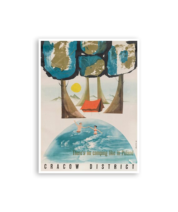 Cracow District Poland Camping Lake Mid Century Vintage Travel Poster
