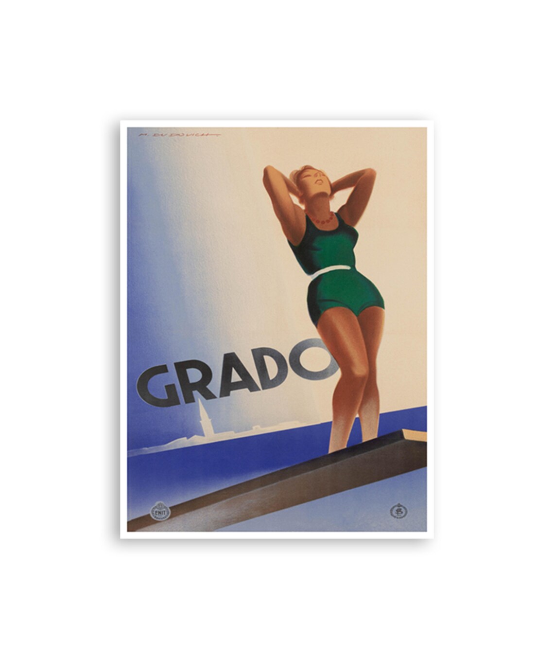 Grado Italy Diving Board Swimmer Vintage Beach Art Travel Poster