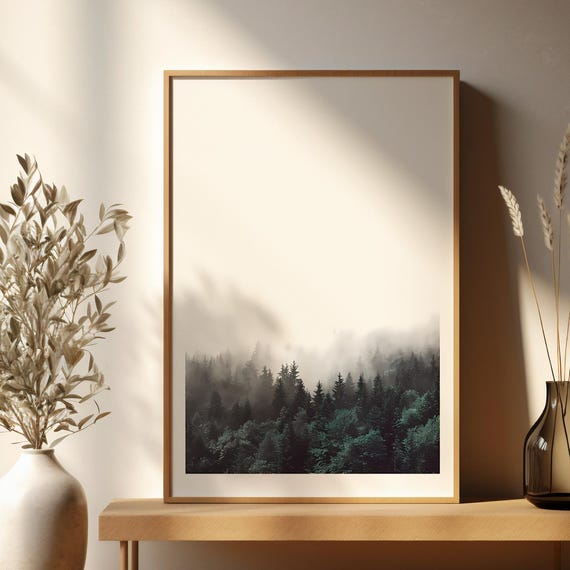 Misty Forest Green And White Wall Art Nature Poster For Home Decor Print Instant