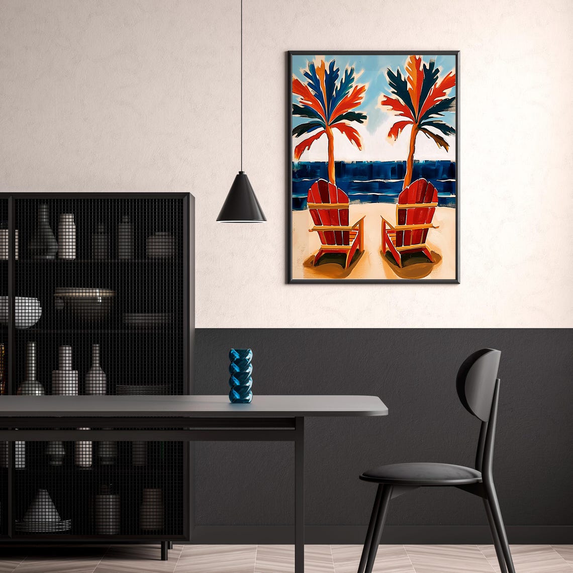 Red Beach Chairs Palm Trees Bold Ocean Coastal Summer Art Poster - Image 3