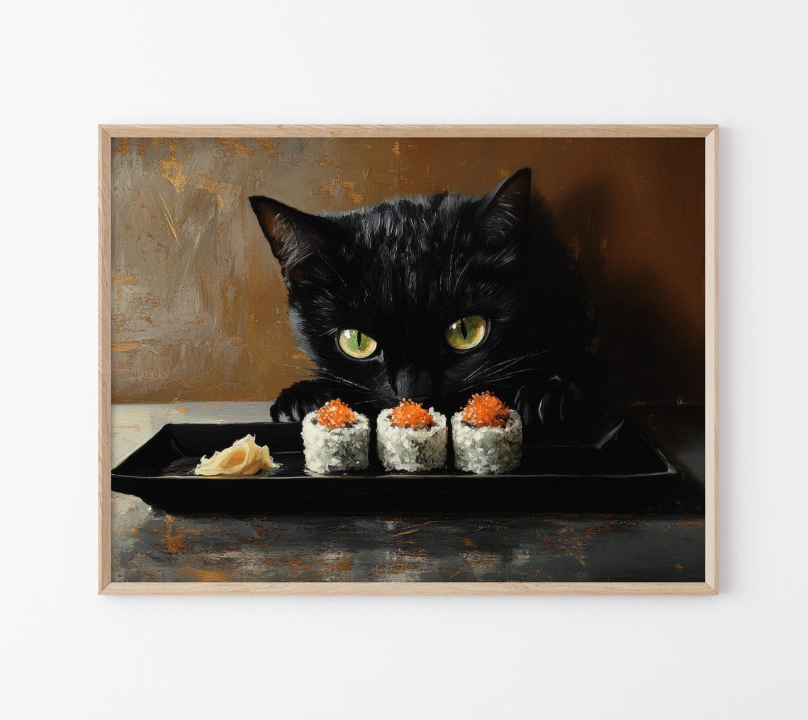 Black Cat Sushi Oil Painting Print Tokyo Art Print Oishii Cat Print Delicious Japanese Food Art Kitchen Wall Art Sushi Art Bcs6
