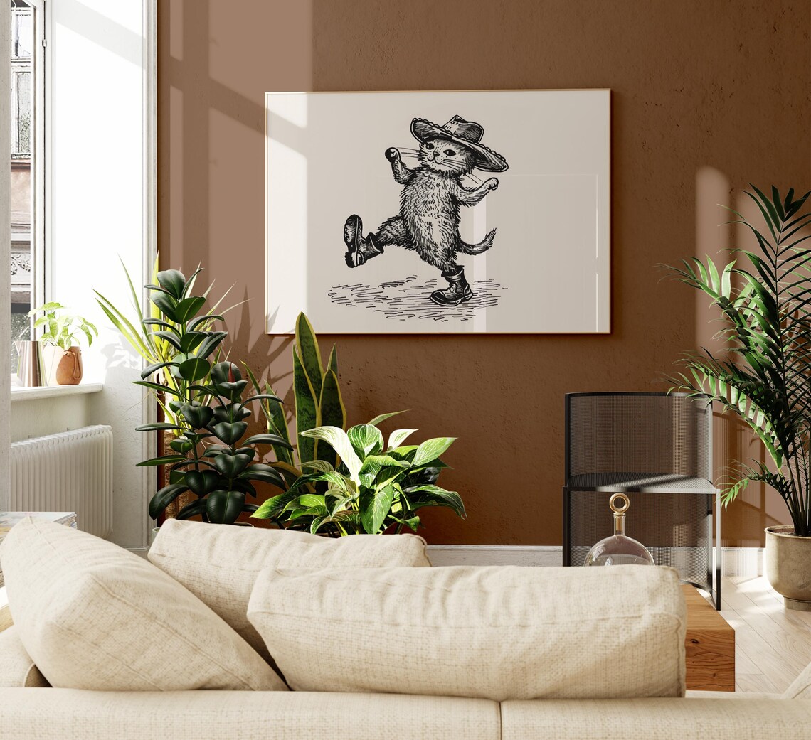 Dancing Cowboy Cat Side Kick Sketch Western Feline Decor Poster - Image 2