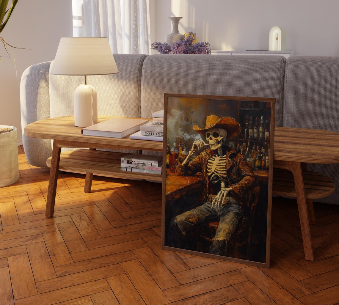 Skeleton Cowboy In A Bar Oil Painting Art Print - Image 2