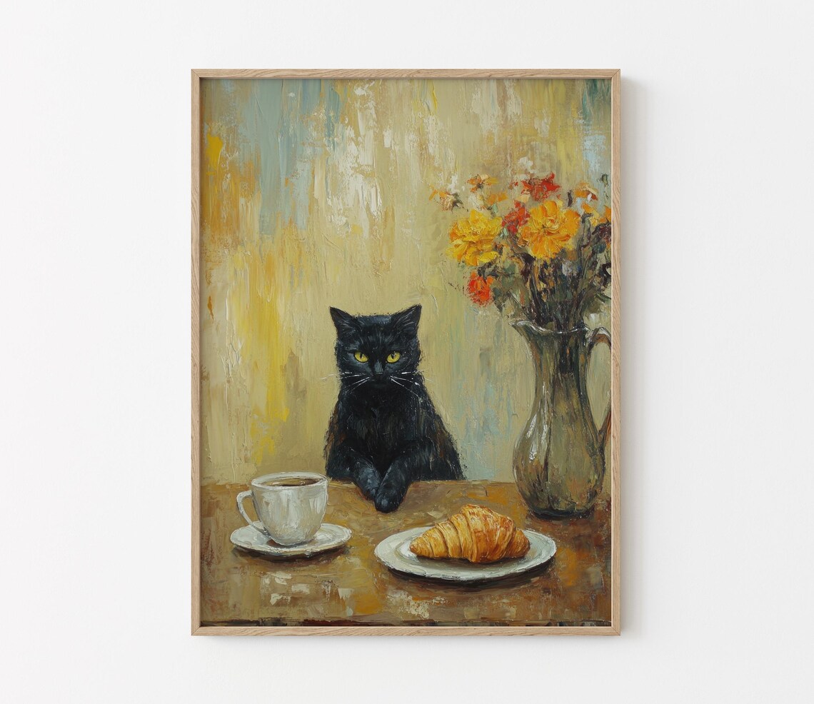 Black Cat Waiting at a Cozy French Cafe Table with Coffee Print