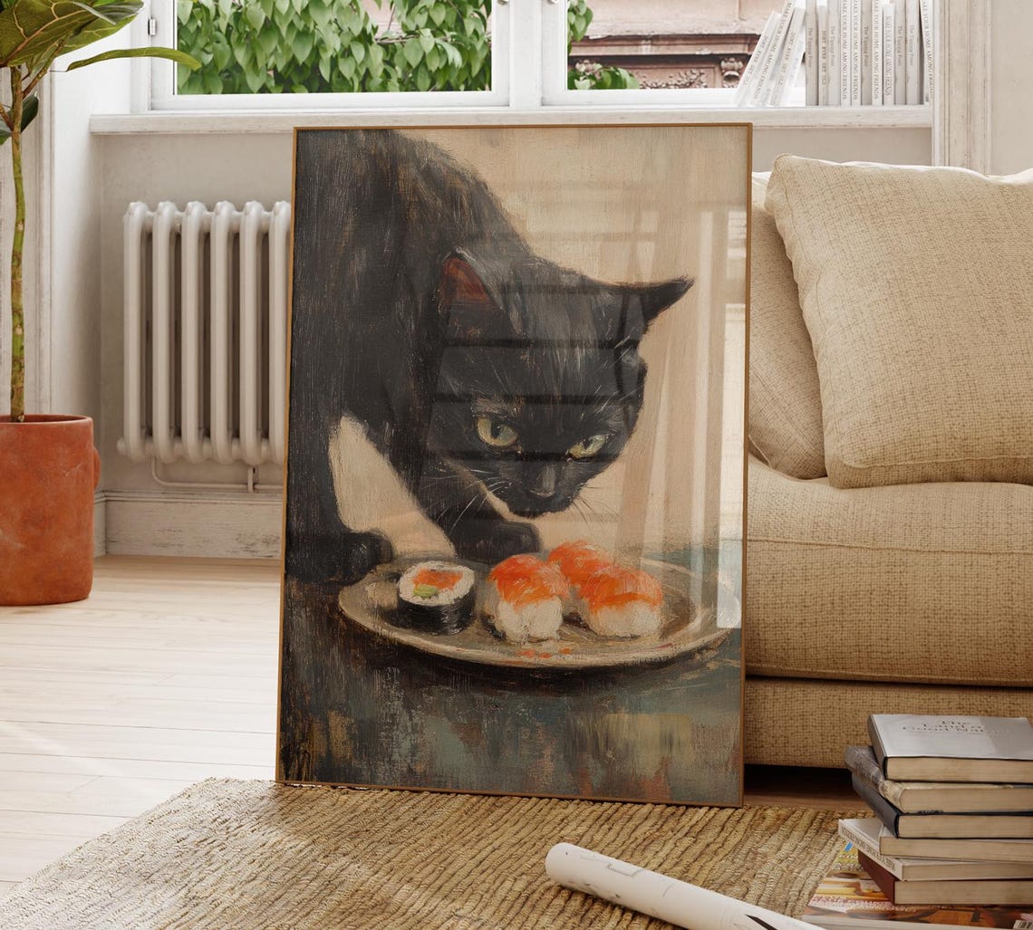 Black Cat Sushi Oil Painting Print Tokyo Art Print Oishii Cat Print Delicious Japanese Food Art Kitchen Wall Art Sushi Art Bcs3 - Image 4
