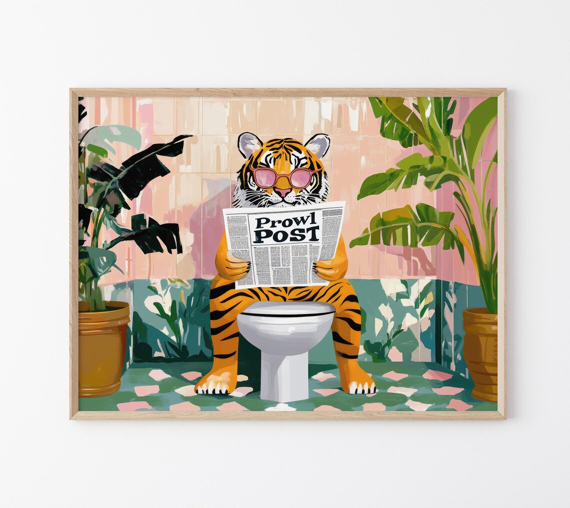 Tiger In Pink Sunglasses Prowl Post Toilet Plants Funny Poster