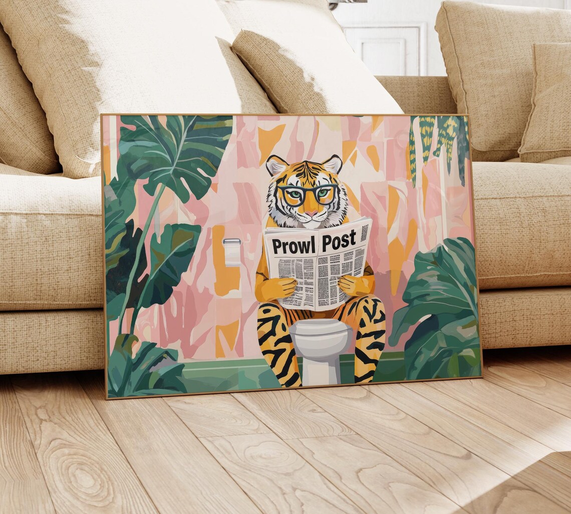 Blue Glasses Tiger Reading Prowl Post On Toilet Jungle Funny Poster - Image 4