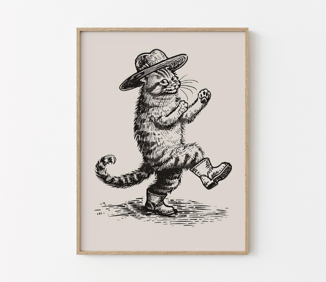 Strutting Cowboy Cat Dance Move Wide Brim Hat Western Sketch Poster