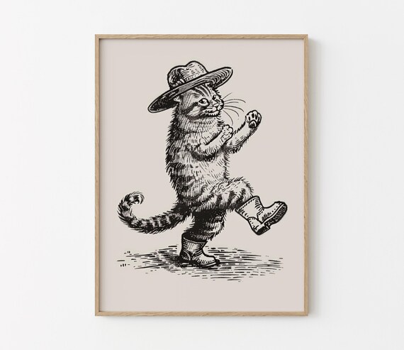 Strutting Cowboy Cat Dance Move Wide Brim Hat Western Sketch Poster