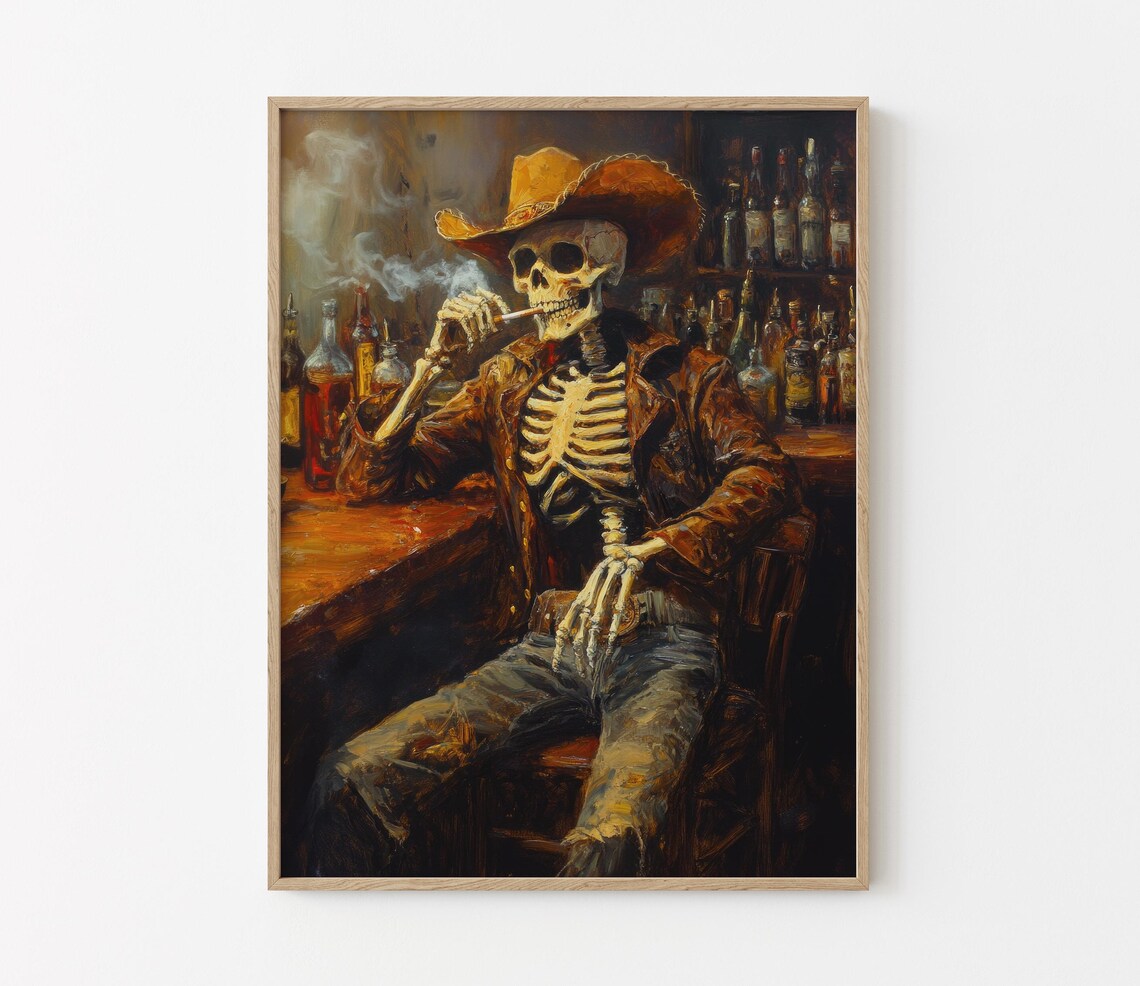 Skeleton Cowboy In A Bar Oil Painting Art Print