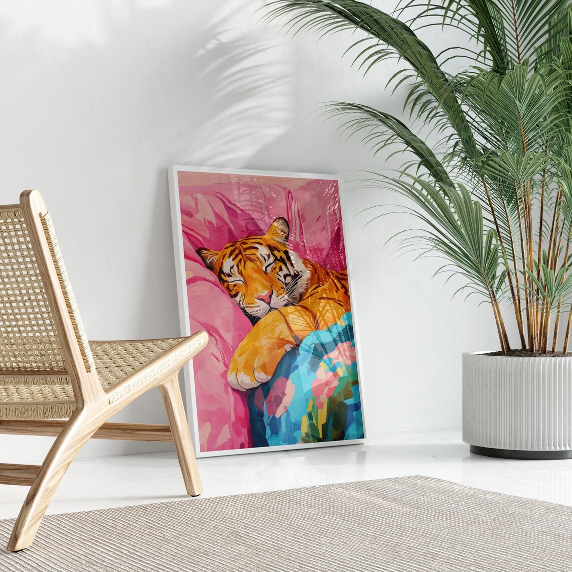 Sleeping Tiger On Pink Pillow Floral Blanket Maximalist Poster - Image 3