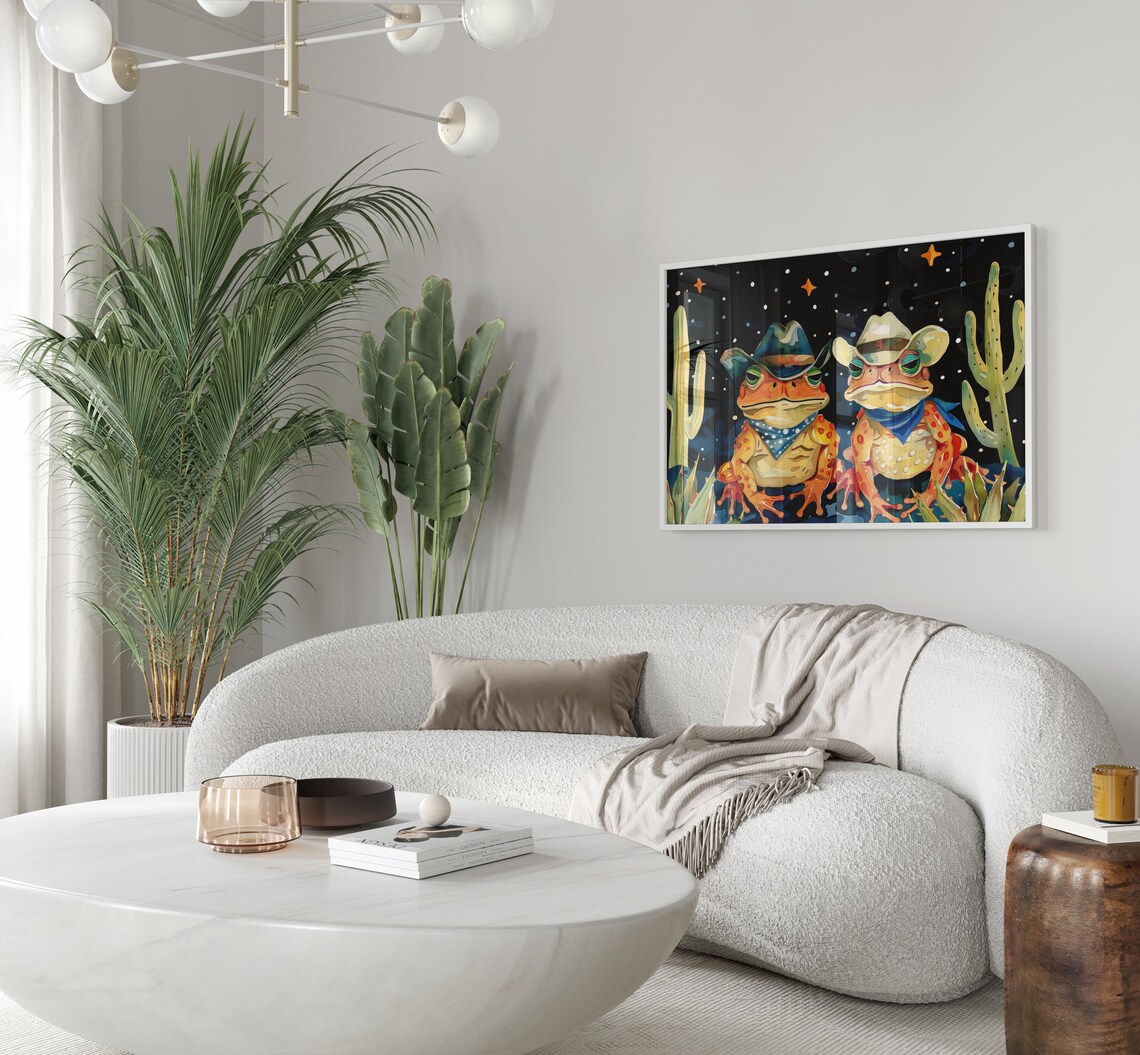 Cowboy Frogs Oil Painting Poster with Toads in Starry Desert Night - Image 3