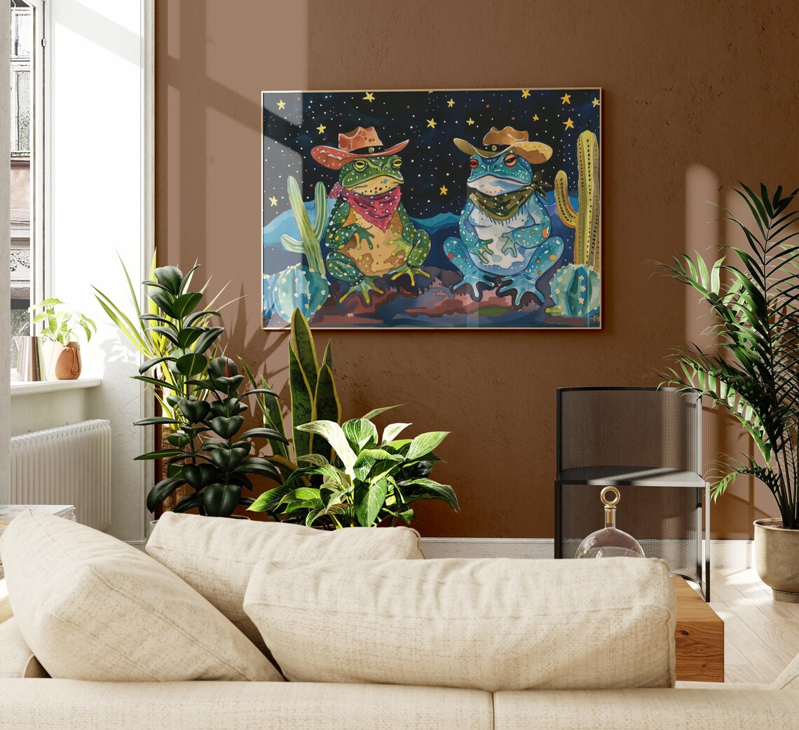 Cowboy Frogs Oil Painting Poster with Starry Desert Night Sky - Image 2