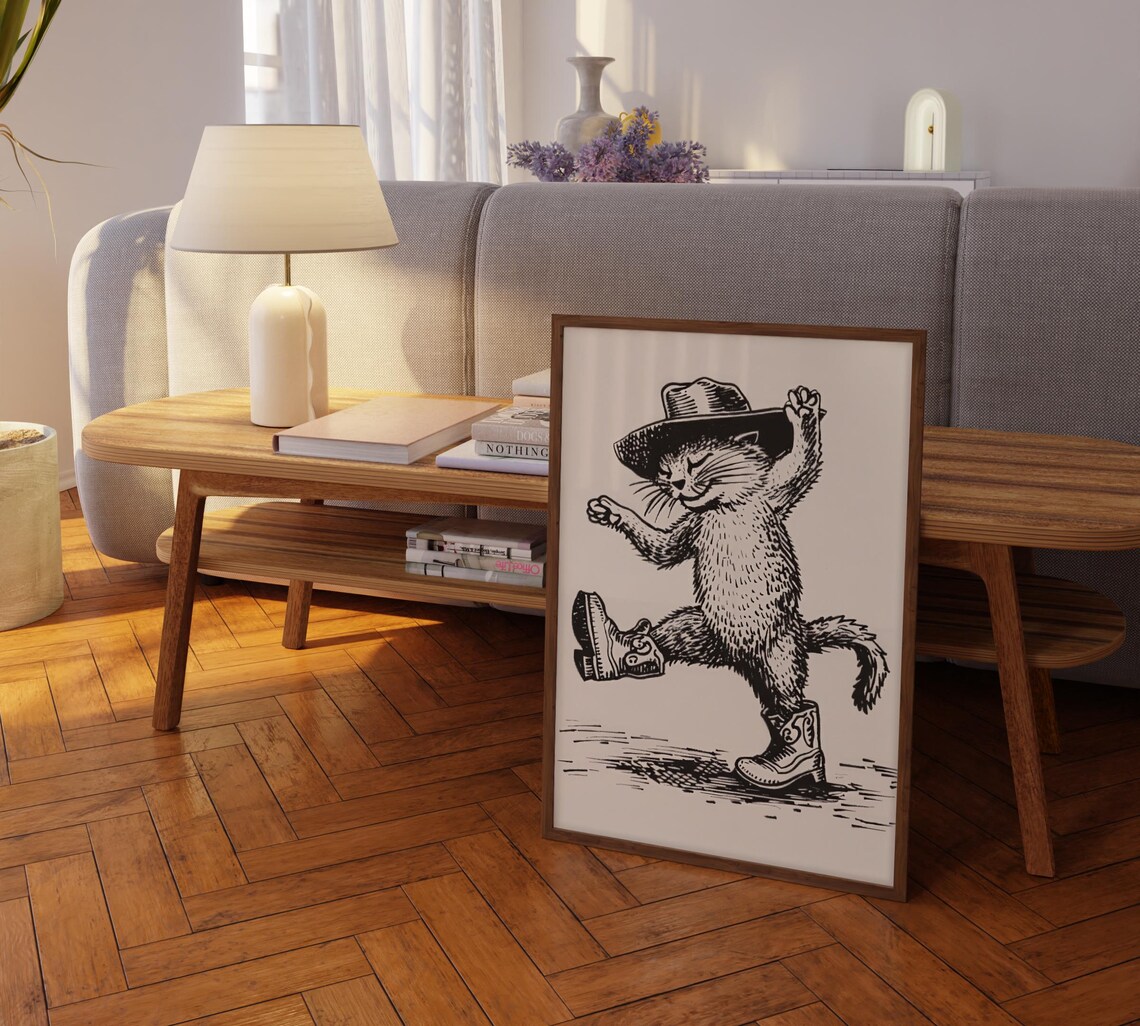 Cowboy Cat Tipping Hat Dance Kick Western Sketch Decor Poster - Image 2