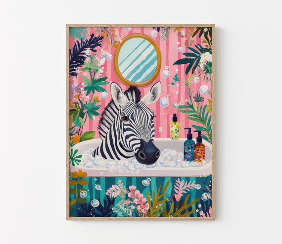 Zebra in a Bubble Bath With Oval Mirror Pink Bathroom Poster