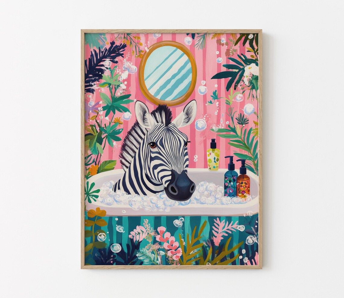 Zebra in a Bubble Bath With Oval Mirror Pink Bathroom Poster